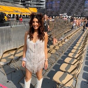 Bronx and Banco Barbie Blanc Fringe V-Neck Mini Dress